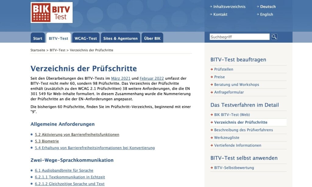 Ein Screenshot der Seite der BITV-Test mit ein paar der Prüfschritte abgebildet.