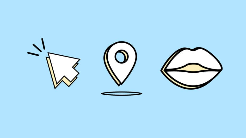 Drei Icons. Ein mal ein Mauszeiger. Ein mal ein Symbol für den Standort und als letztes ein Mund. 

Diese Icons sollen verschiedene Funktionen symbolisieren, wie zum Beispiel klicken, Geo-lokalisierung und Sprachsteuerung.