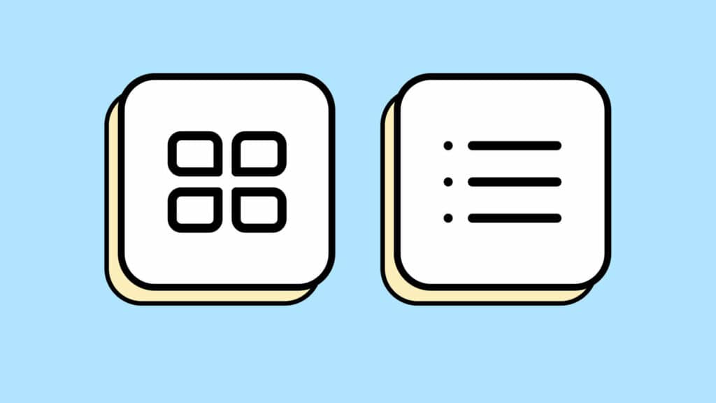 Zwei Icons. Das erste zeigt 4 Vierecke. Dieses Icon verdeutlicht, dass man sich etwas als Kachel-Darstellung anschauen kann. Das zweite Icon hat 3 Punkte und Striche. Das ist ein Symbol für die Listendarstellung.