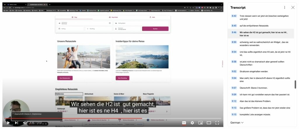 Screenshot von einem unserer Videos mit Untertitel und Transkript im Youtube-Player