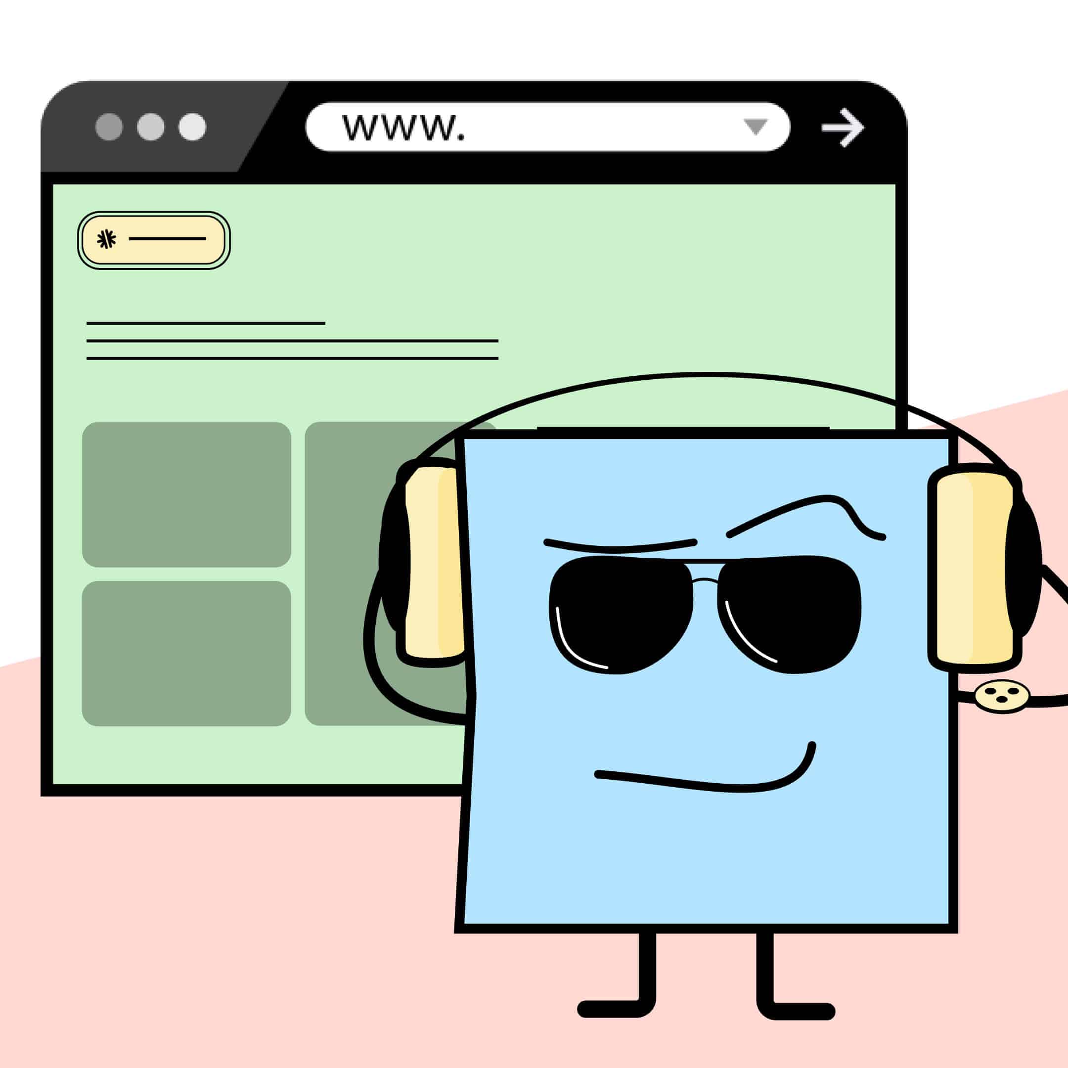 Eine Illustration von einer Figur mit einem Kopfhörer. Im Hintergrund ist ein Browserfenster zu sehen.