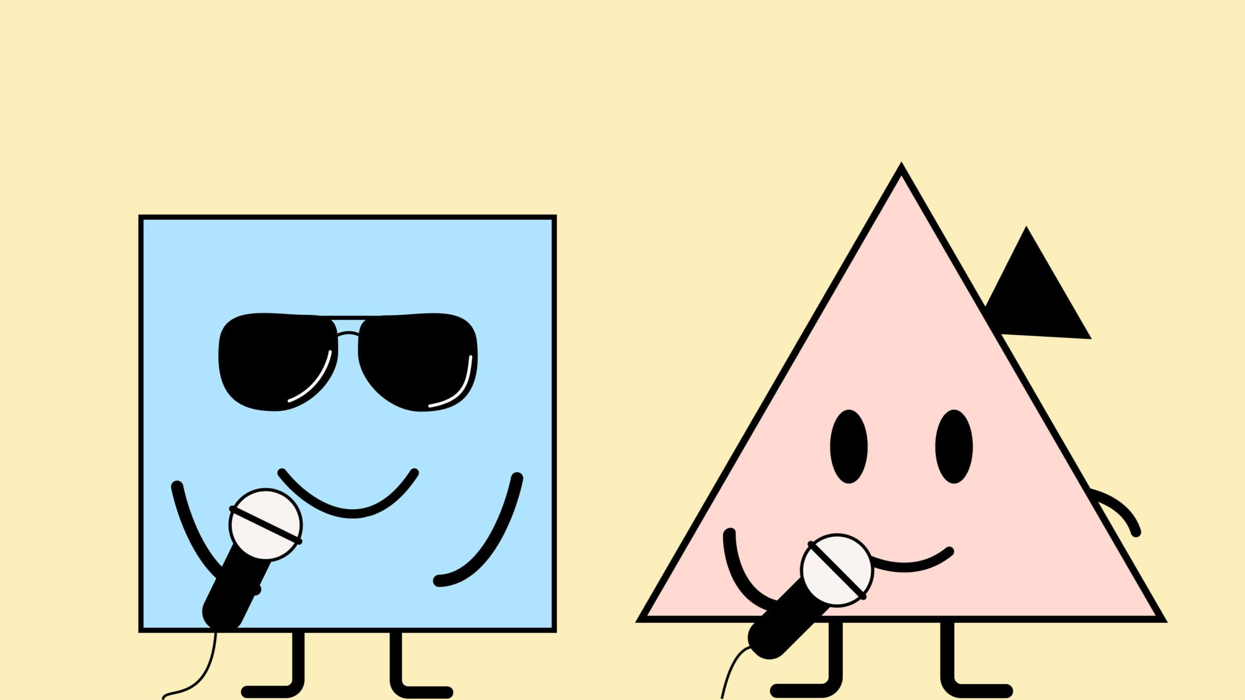 Zwei illustrierte Figuren, die Redner darstellen. Ein blaues Viereck mit Sonnenbrille und einem Mikrofon in der Hand. Ein rotes Dreieck mit einem Hörgerät und einem Mikrofon in der Hand.