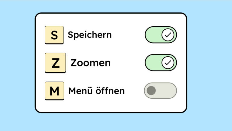 Illustration von den Tasten, S, Z und M. Daneben steht, wofür sie Kurzbefehle sind und ein Switch-Knopf, um sie an- und auszuschalten.