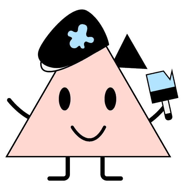 Ein rotes Dreieck mit Augen, Mund und einem Hörgerät. Es hat eine Mütze schief auf, mit blauer Farbe darauf und einen Pinsel in der Hand. Es symbolisiert Designer*innen