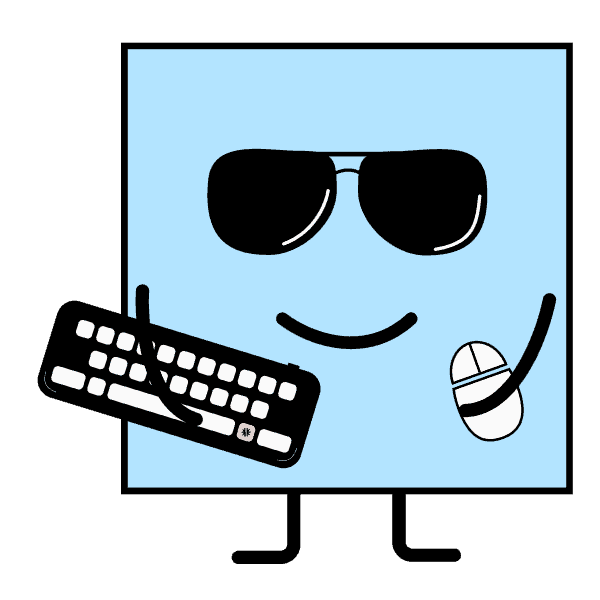 Ein blaues Viereck mit Sonnenbrille und einem Mund. Es hat eine Maus und eine Tastatur in der Hand. Es symbolisiert Entwicker*innen.