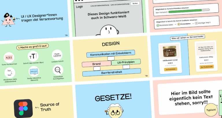 Ein Ausschnitt von neun Folien, aus unserem Workshop über digitale Barrierefreiheit für Designer.