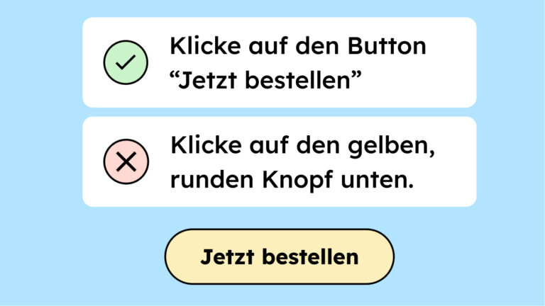 Ein Ok-Zeichen neben dem Text: "Klicke auf den Button "Jetzt bestellen". Ein Fehler Zeichen neben dem Text: Klicke auf den gelben, runden Knopf unten. Beide beschreiben den Button darunter, auf dem "Jetzt bestellen" steht.