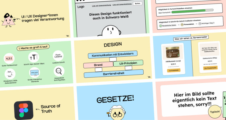 Ein Ausschnitt von neun Folien, aus unserem Workshop über digitale Barrierefreiheit für Designer.