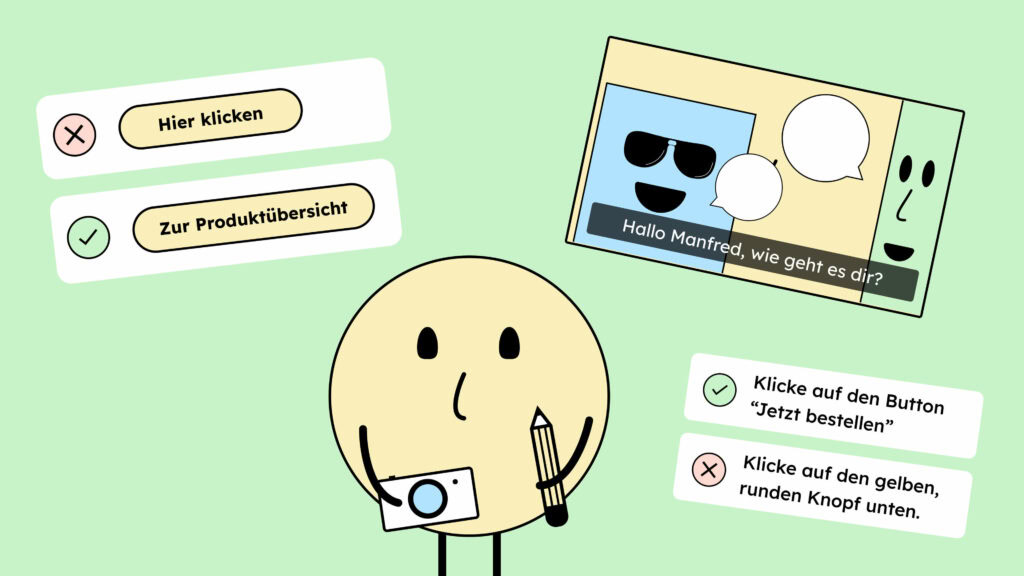 Unser Maskottchen Sam hat ein Stift und eine Kamera in der Hand. Um sie herum sind Illustrationen der WCAG Regeln, die zu beachten sind, wie sprechende Links oder Videos mit Untertitel.