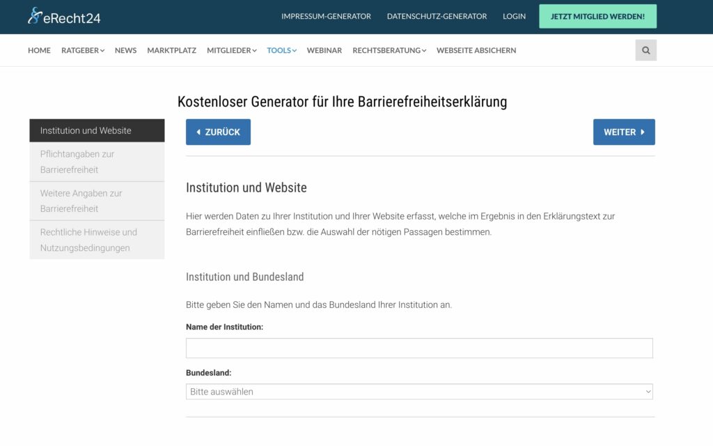 Screenshot von der Startseite des kostenlosen Generators für die Barrierefreiheitserklärung von eRecht24