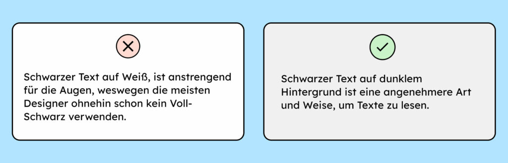 Zwei Kärtchen. Das linke Kärtchen hat schwarzen Text auf weißem Hintergrund. In dem Kästchen steht:"Schwarzer Text auf Weiß, ist anstrengend für die Augen, weswegen die meisten Designer ohnehin schon kein Voll-Schwarz verwenden."