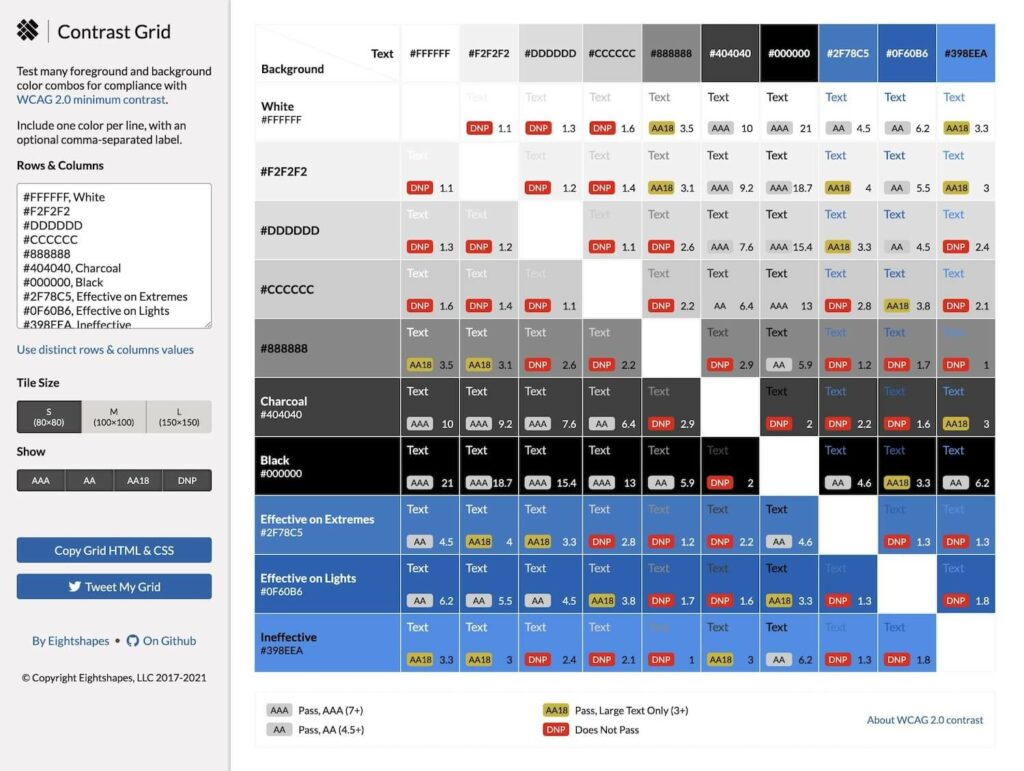 Screenshot von eine Farbmatrix auf der Webseite von Kontrast-Grid