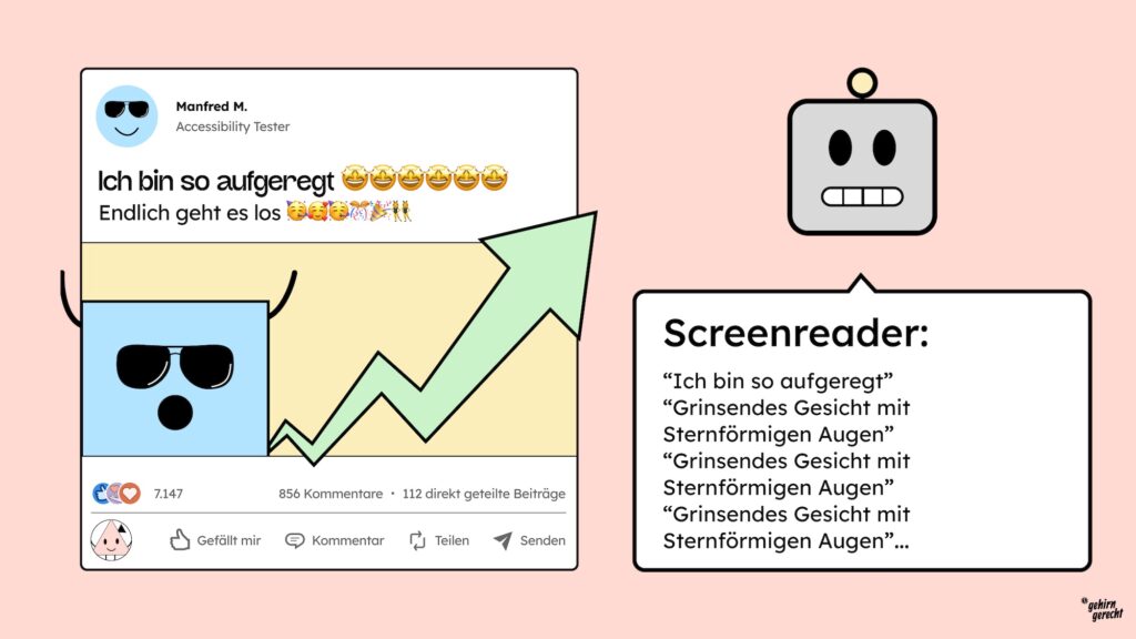 Ein Screenreader liest einen LinkedIn-Post vor. Der Post hat sehr viele Emojis, die sich wiederholen.