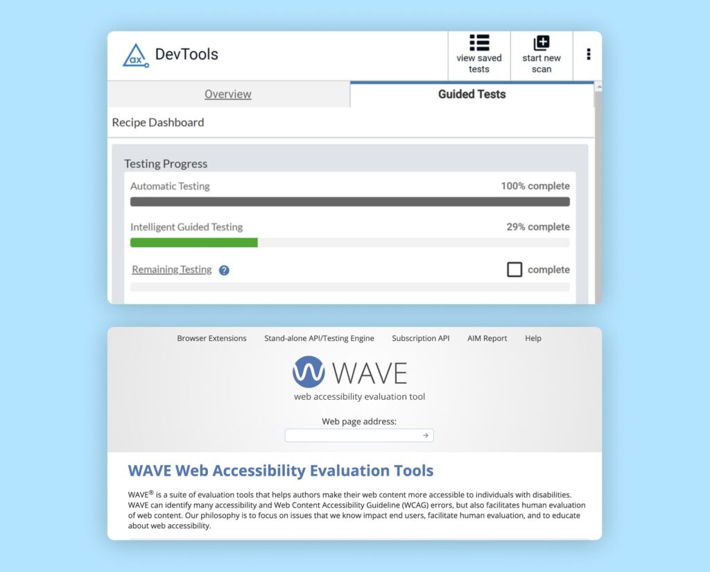 Screenshots von Axe-Dev-Tools und der Wave-Webseite.