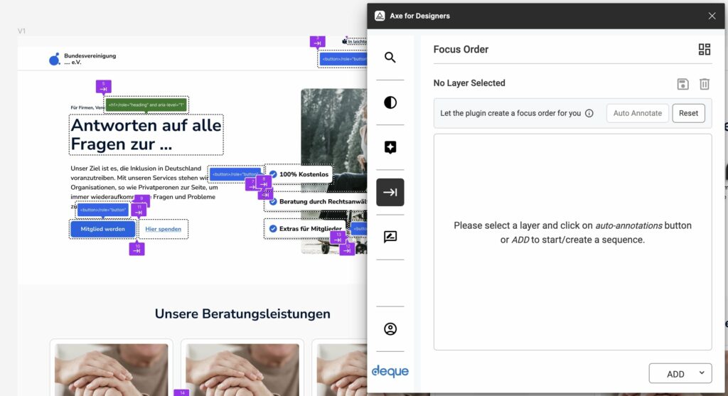 Screenshot einer Webseite und dem Axe-Figma-Plugin. Man sieht automatische Annotierungen von der Fokus-Reihenfolge.