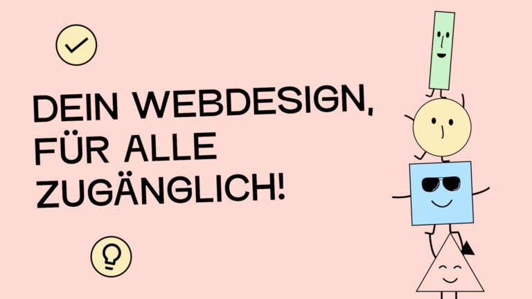 Dein Webdesign für alle zugänglich! Unsere vier Maskottchen stehen aufeinander in einem Turm und lachen.