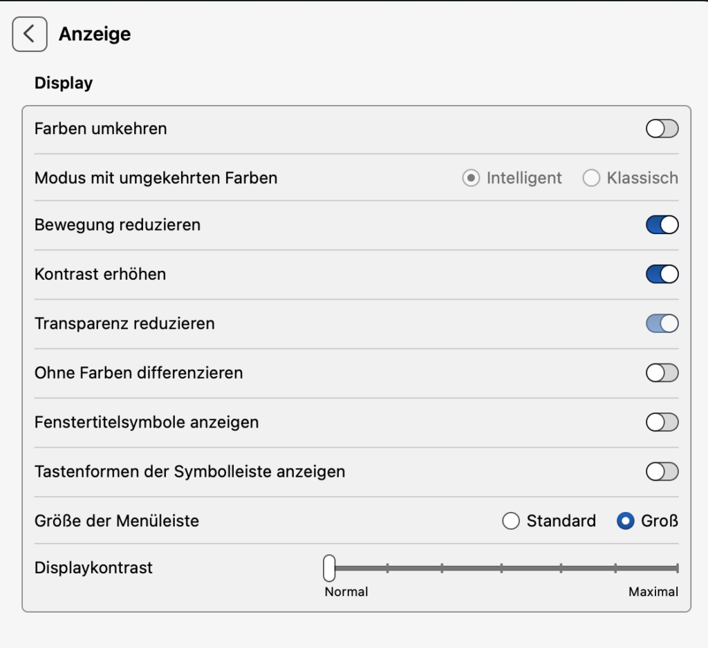 Screenshot von den Barrierefreiheitseinstellungen auf dem Mac.