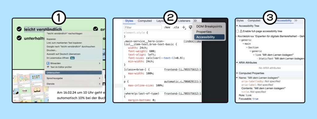 Die drei Schritte, wie man den Accessibility Tree in Chrome erreicht, mit drei Screenshots gezeigt.