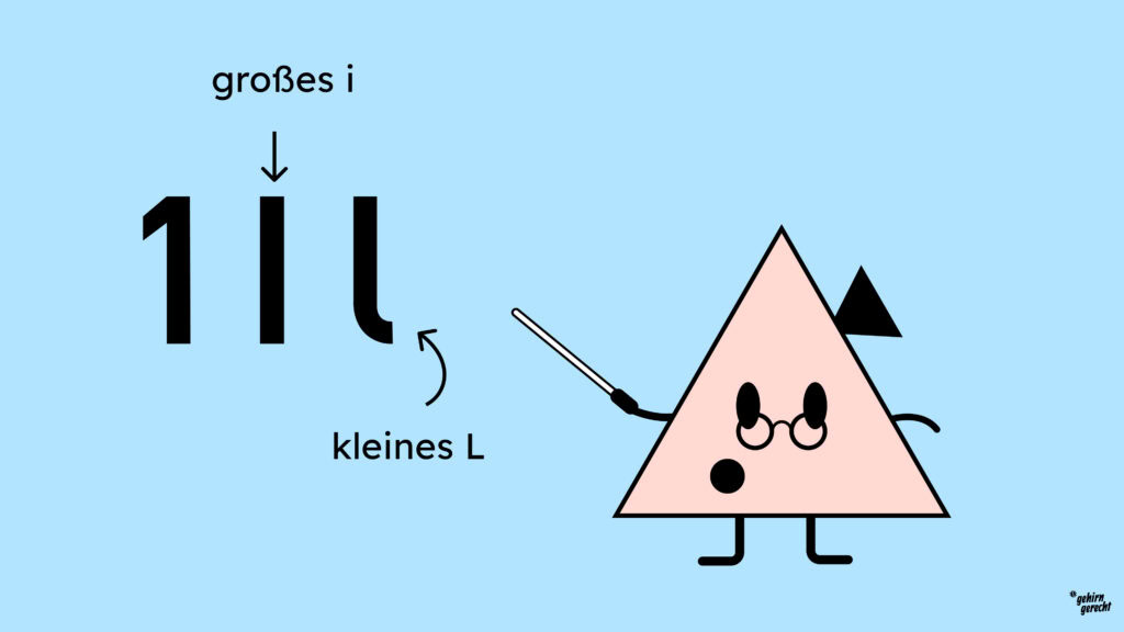 eine kleine dreieckige Comicfigur mit Brille und Zeigestab erklärt etwas über Typografie.