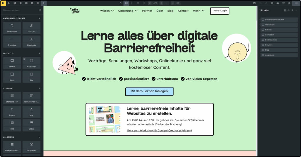 Ein Screenshot von dem Bricks-Builder in Aktion und wie wir unsere Startseite damit bearbeiten.