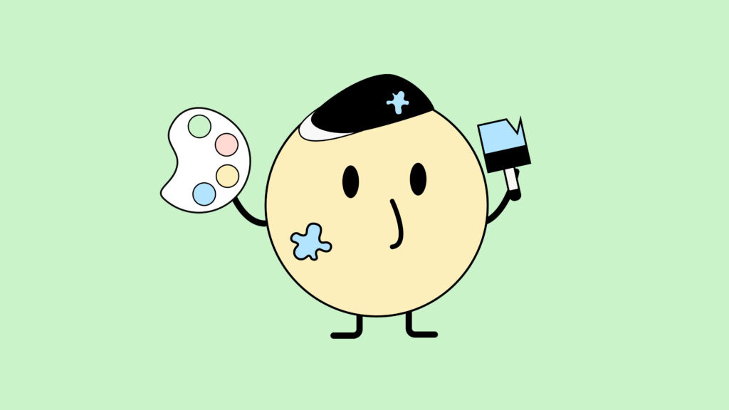 Eine Comicfigur hält eine Farbpalette und einen Pinsel in der Hand und hat Farbflecken im Gesicht und auf dem Malerhut.