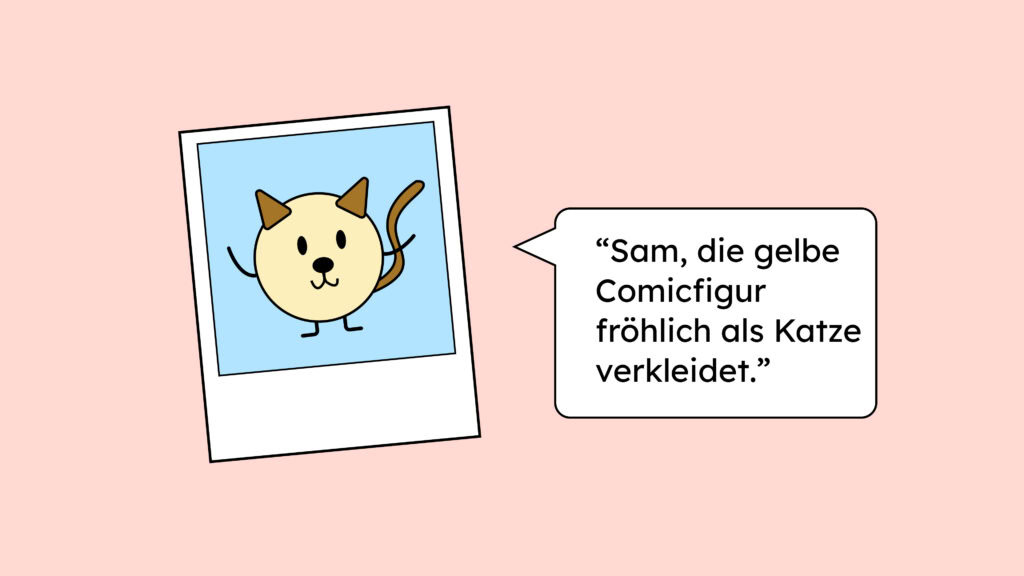 Ein Polaroid von einer Comicfigur als Katze verkleidet mit dem dazugehörigen Alttext