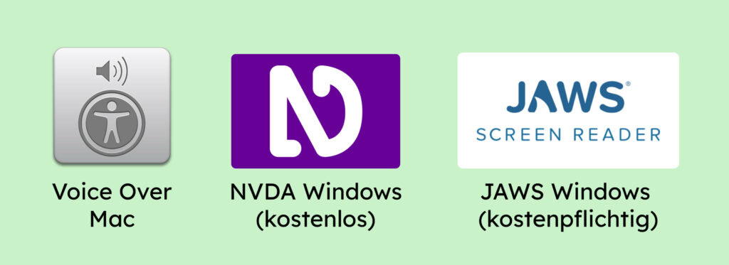 Das Logo von den Screenreadern VoiceOver für Mac, NVDA für Windows und JAWS für Windows