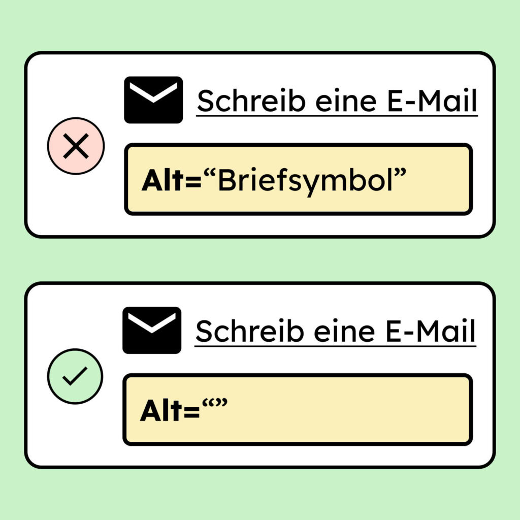 Ein Icon von einem Brief und dem Text „Schreib eine E-Mail" daneben. Ein mal hat das Icon ein Alt-Text und ein mal nicht.