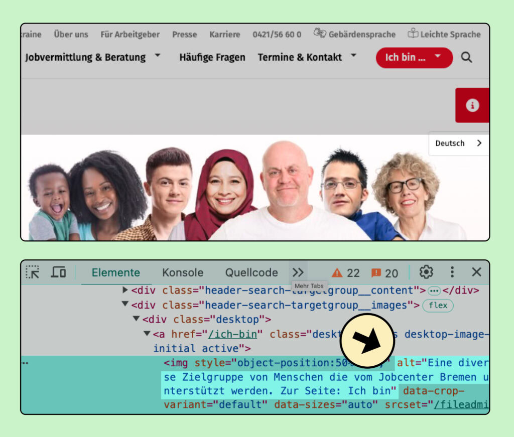 Ein Screenshot von der Website des Jobcenter Bremens. Hier hat ein Foto mit einer Gruppe von Menschen den passenden Alt-Text Eine diverse Zielgruppe von Menschen die vom Jobcenter Bremen unterstützt werden.